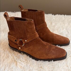 Women’s Suede Brown Chelsea Booties with Harness Detail